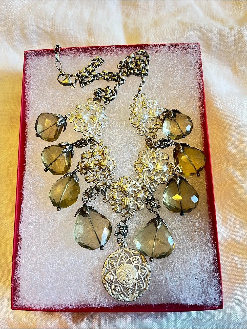Sterling Silver with Citrine Gemstones Statement Pendant Necklace 18” with exten